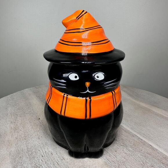Lang Black Cat Halloween Cookie Jar Ceramic Orange Hat Scarf Fall Kitchen Decor - Picture 1 of 16